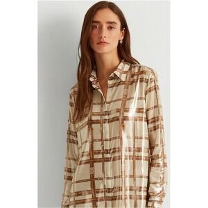 Lauren Ralph Lauren Belt Print Button Down Shirt Cream Brown XXS